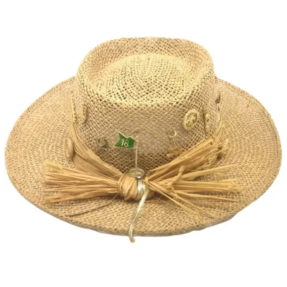 VINTAGE 1960s LADIES' PANAMA PORK PIE STRAW 3" BRIM HAT~w/21 GOLF PIN CHARMS - Picture 3 of 5